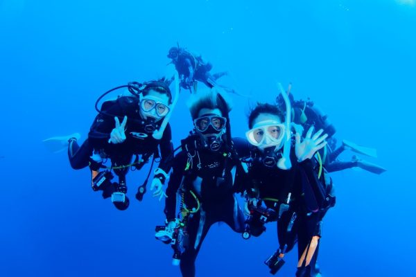 海で複数のダイバーが集合写真